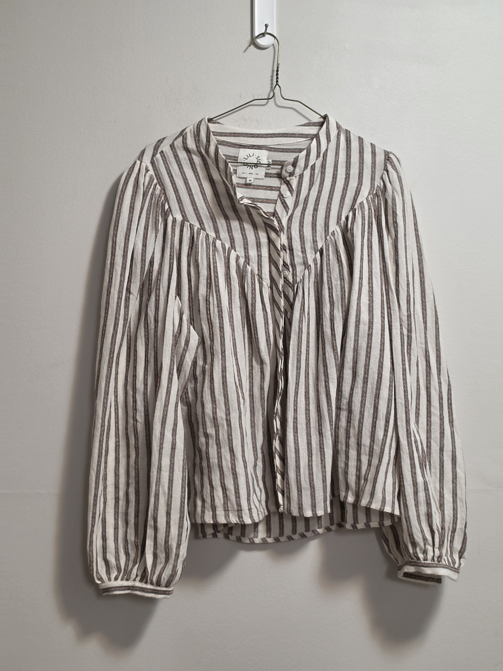 Lightweight Striped Button-Down Blouse - Off White & Brown